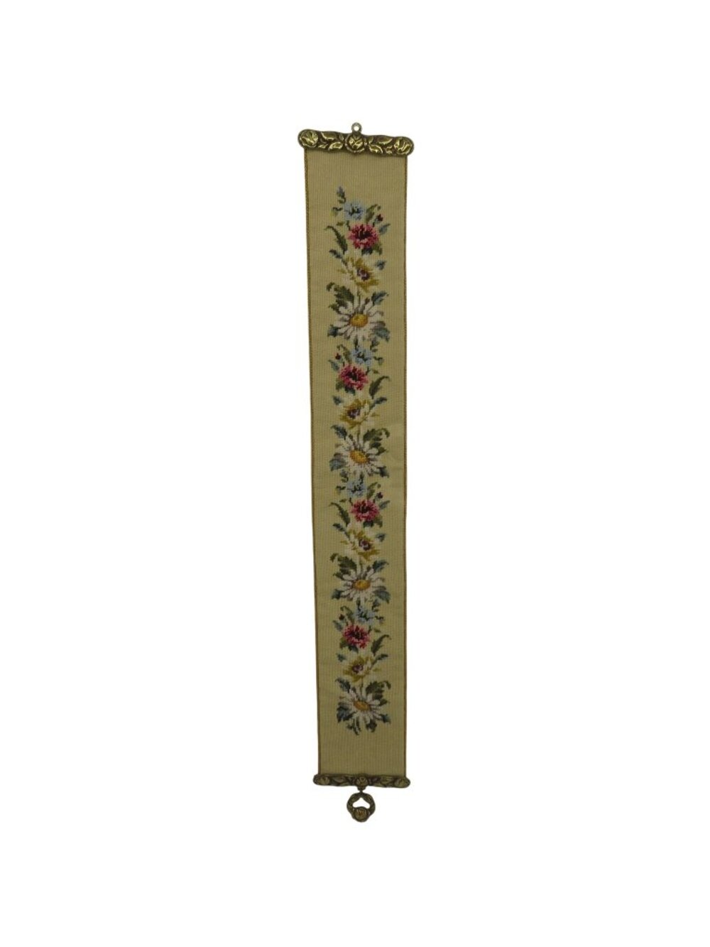 VTG Handmade Needlepoint Bell Pull Floral Daisy Rose Brass Flower Wall Hanger